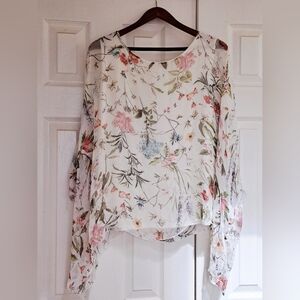 Sheer 100% Silk Cream Floral Draped Blouse Lined With Stretch Knit M